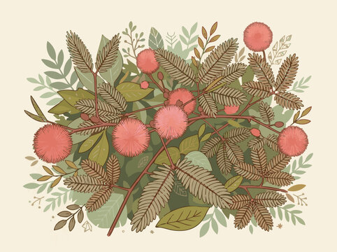 Mimosa Pudica Sensitive Plant with Pink Flowers Botanical Design
