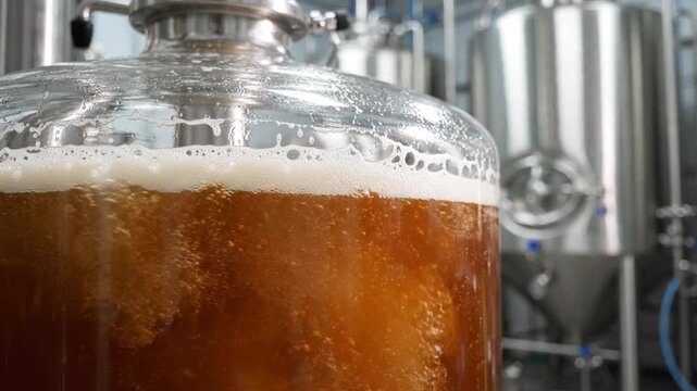 Brewing Process Fermentation Bubbles in Industrial Glass Tank