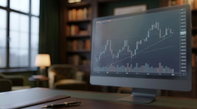 Computer monitor displaying financial stock market charts sits on a desk in a home office. A fountain pen rests on the foreground surface with a blurred library background.