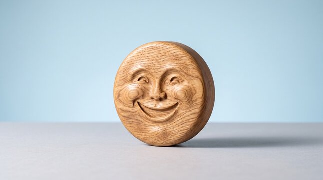 Carved wooden smiling face sculpture handcrafted wood ornament with copy space