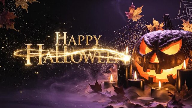 Happy halloween greeting animation with glowing letters and sparkling magic dust flying around, spooky pumpkin and spiderwebs.