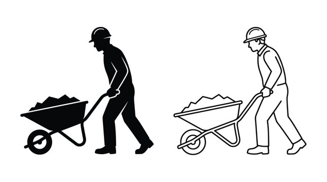 Worker pushing wheelbarrow black silhouette and line art illustration