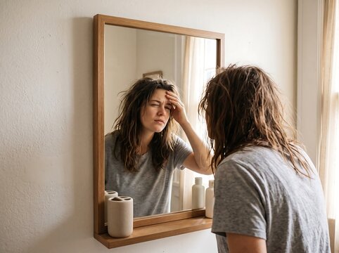 Tired woman with messy hair looking at reflection in bathroom mirror