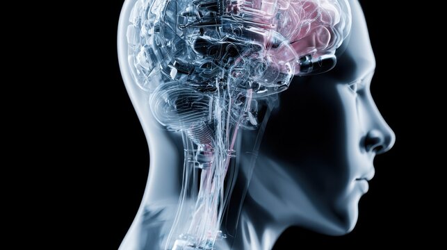 A transparent human head showing a detailed view of the brain with a red highlighted area, illustrating cognitive function and thought processes