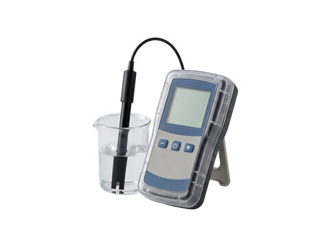 Portable Digital pH Meter with Electrode Probe in Glass Beaker with Water Isolated on transparent background