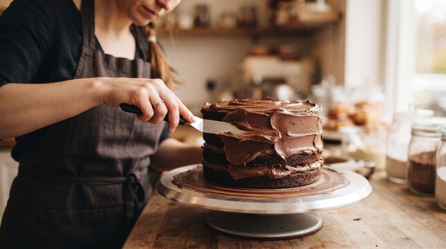 Baker spreading rich chocolate icing on a layer cake