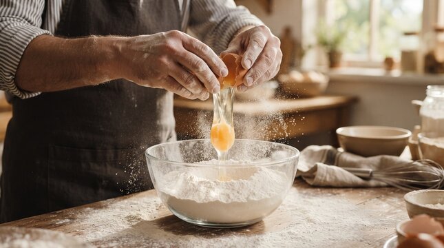 Close-up of a baker cracking an egg into flour for cake dough preparation