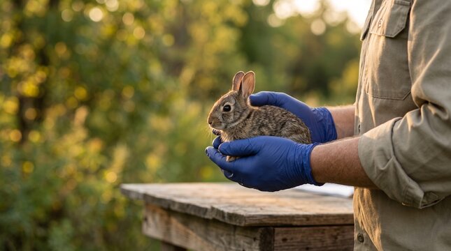 Wildlife biologist holding wild cottontail rabbit in gloved hands outdoors