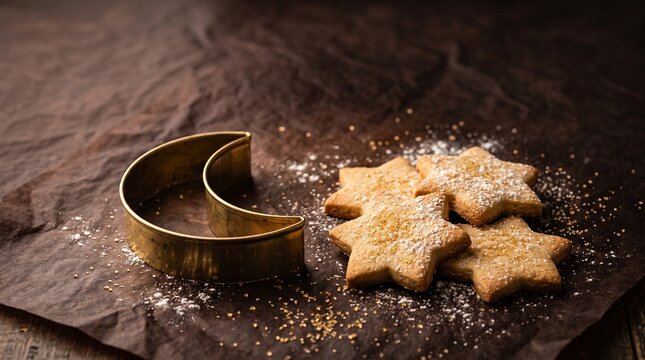 Star shaped sugar cookies with crescent moon cookie cutter on baking paper