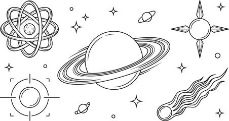 Outer Space and Astronomy Line Icon Set with Planets Saturn Comet Atom Model and Celestial Stars Vector Graphic Illustrations © MdRobiul