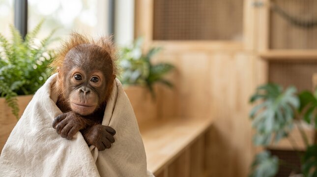 Cute baby orangutan wrapped in cozy blanket sitting in wildlife rescue center