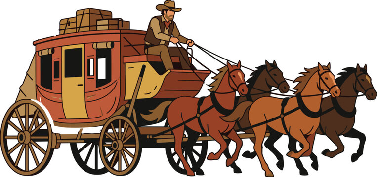 Wild West Stagecoach Vector Illustration with Vintage Horse Drawn Carriage Driver Cowboy and Luggage Boxes for Western Designs