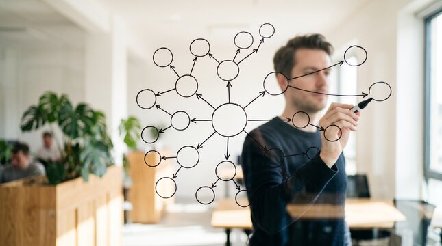 Businessman drawing mind map network diagram on glass wall in modern office
