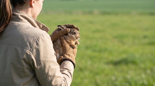Woman holding baby wild hare leveret in gloved hands on green field background