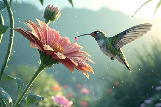 Hummingbird hovering near a colorful flower in sunlight