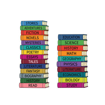 Two Stacks of Colorful Books by Subject and Genre, Education and Literature Illustration