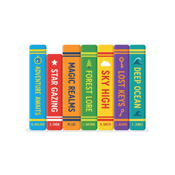 Colorful Fantasy and Adventure Book Spines Row, Flat Design Illustration