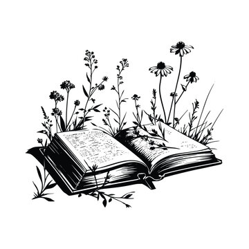Open Book with Growing Wildflowers Black and White Vector Illustration