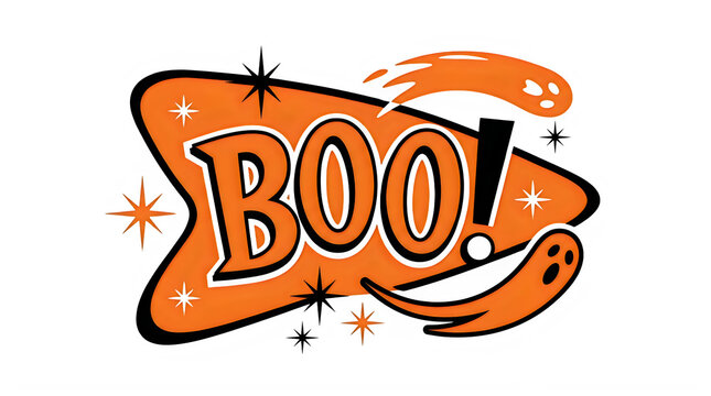Retro Halloween Boo sign with mid-century modern aesthetic. Vintage orange boomerang graphic with spooky ghosts. Atomic age holiday illustration.