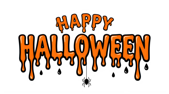 Happy Halloween dripping text, orange slime font with spider, spooky holiday greeting on white background, festive seasonal typography