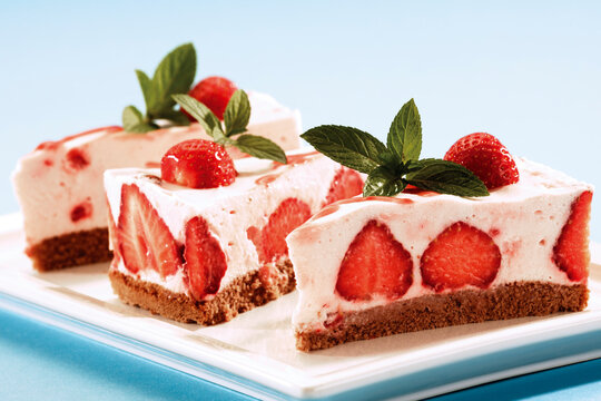 Piece of strawberry-cream-cheese cake on plate
