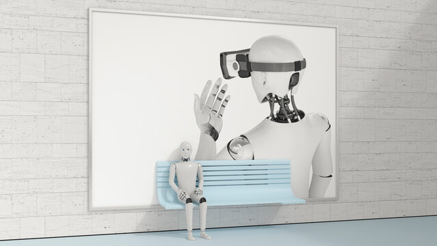 Robot sitting on bench in front of billboard, 3D Rendering