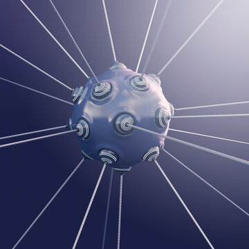 Spherical object with strings emerging from protrusions, 3d rendering