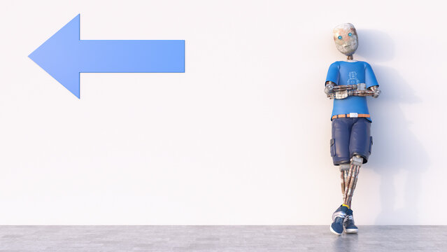 Robot leaning against a wall with arrow, 3d rendering