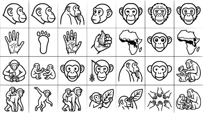 Black and White Line Art Icons of Monkeys and Related Symbols