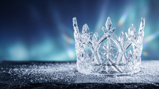 Crystal ice crown tiara on snow with magical glowing blue winter background