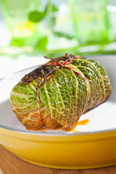 Stuffed savoy cabbage from savoy cabbage in pan, close up