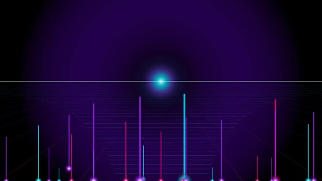 Futuristic Digital Landscape with Glowing Light Bars and Horizon