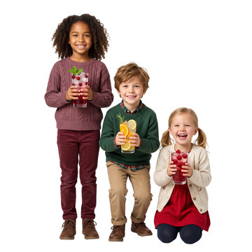 Happy children enjoying fruit infused holiday drinks with berries and citrus, vibrant Christmas refreshment concept for family advertising, on transparent background