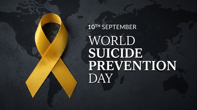 A yellow awareness ribbon against a dark world map background for world suicide prevention day on september 10th
