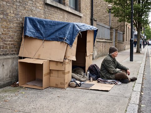 Homeless man sitting near his temporary cardboard shelter on a sidewalk