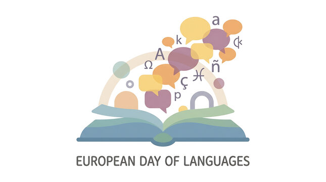 European Day of Languages Concept with Open Book and Speech Bubbles, Transparent Background Isolated on White