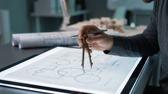 Architect using compass to draw technical blueprint plan on illuminated light table