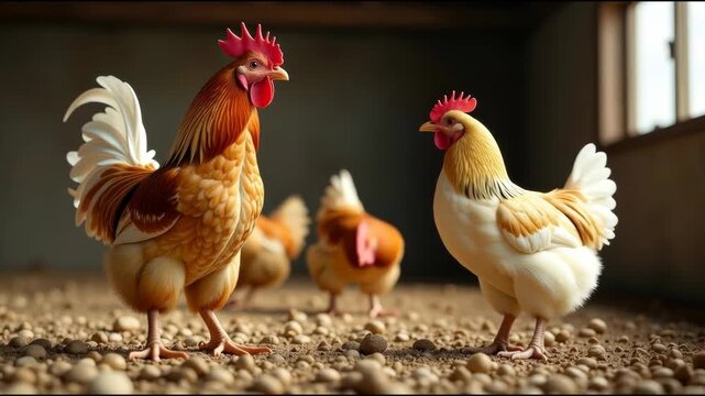 A group of chickens standing in a row, possibly in a farm or backyard