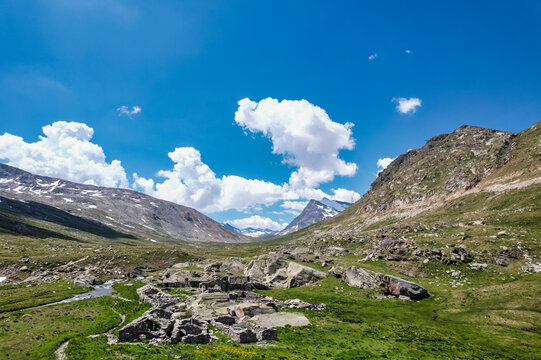An abandoned settlement occupies the Nivolet Pass in Piedmont Italy