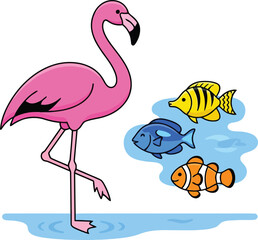 Obraz premium A vibrant pink flamingo standing in water with three colorful tropical fish swimming nearby.