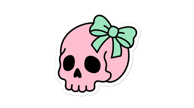 Cute pink skull illustration with a green bow on a white background.