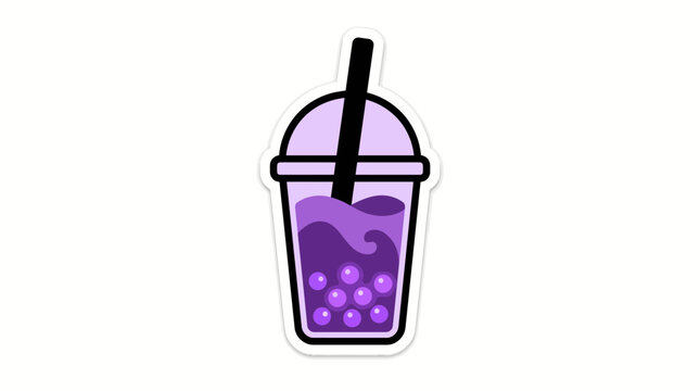 A cute purple bubble tea drink illustration with tapioca pearls in a plastic cup.