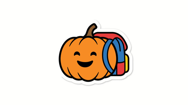 Cute cartoon pumpkin character wearing a colorful school backpack isolated on white background.