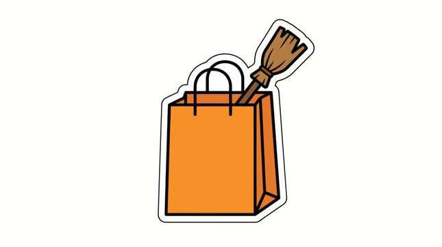 A simple orange paper shopping bag with a wooden broomstick inside it.