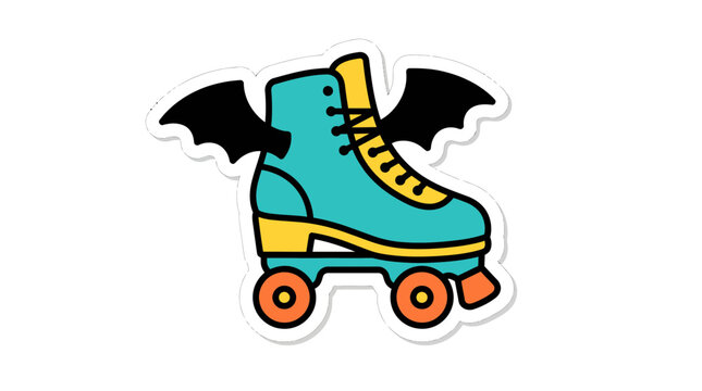 Retro style roller skate illustration with bat wings sticker design.
