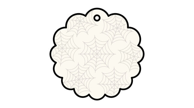 Scalloped circular gift tag with a subtle spider web pattern for Halloween.