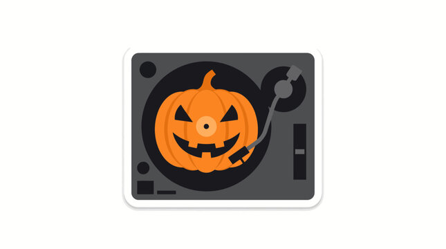 A flat vector illustration of a vinyl record player with a spooky carved pumpkin jack-o-lantern on the platter.