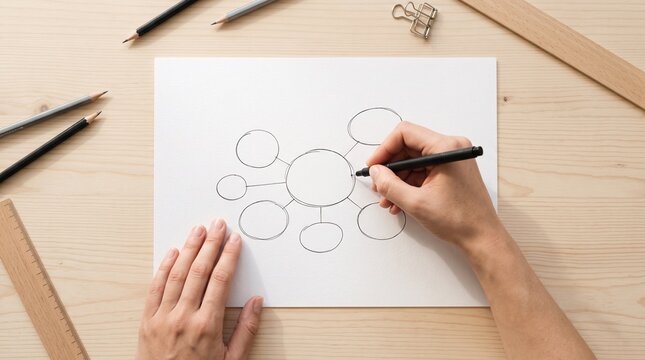 Person drawing mind map diagram for business planning on paper top view