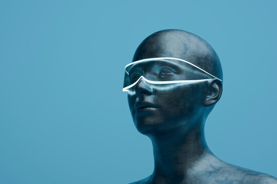 A metallic humanoid cyborg wears a glowing visor on a blue background