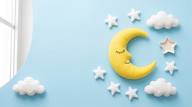 Plush yellow sleeping moon with white stars and clouds on blue background copy space